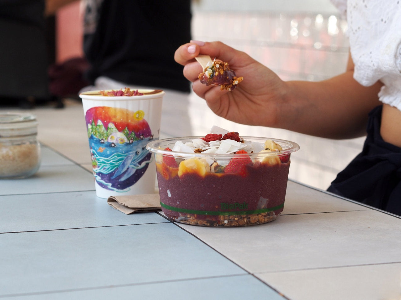 compostable takeaway snack pot acai bowl and artist series coffee cup