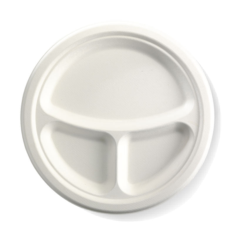 25cm / 10” 3-compartment round bagasse disposable plates