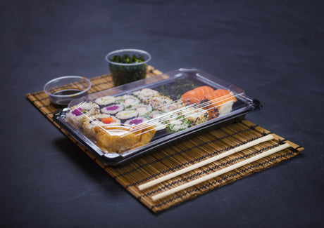 Compostable Takeaway Tray And Lid Containing Sushi