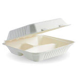 9″ square bagasse 3-compartment clamshell takeaway food container