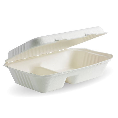 9 x 6″ bagasse 2-compartment clamshell takeaway food container