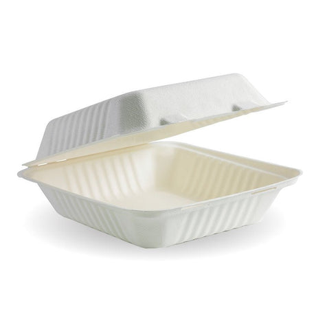 7.8 x 8 x 3″ square bagasse clamshell takeaway food container