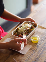 rectangular takeaway container with a compostable pla sauce pot