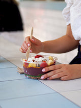 clear disposable snack pot acai bowl and wooden cutlery