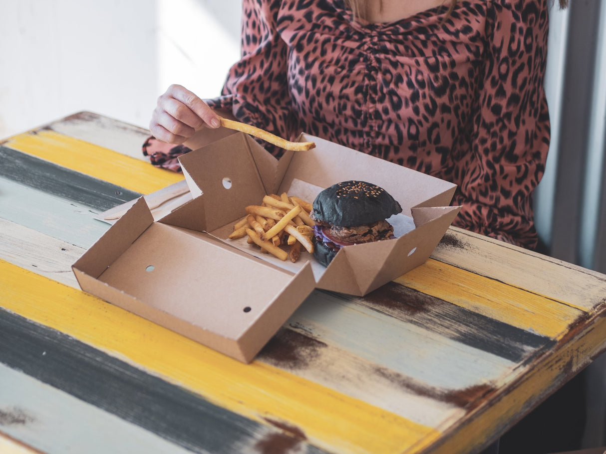 premium kraft burger box serving a burger and fries for takeout dining