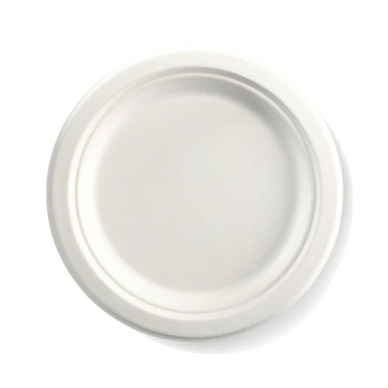 9" white round bagasse disposable plates