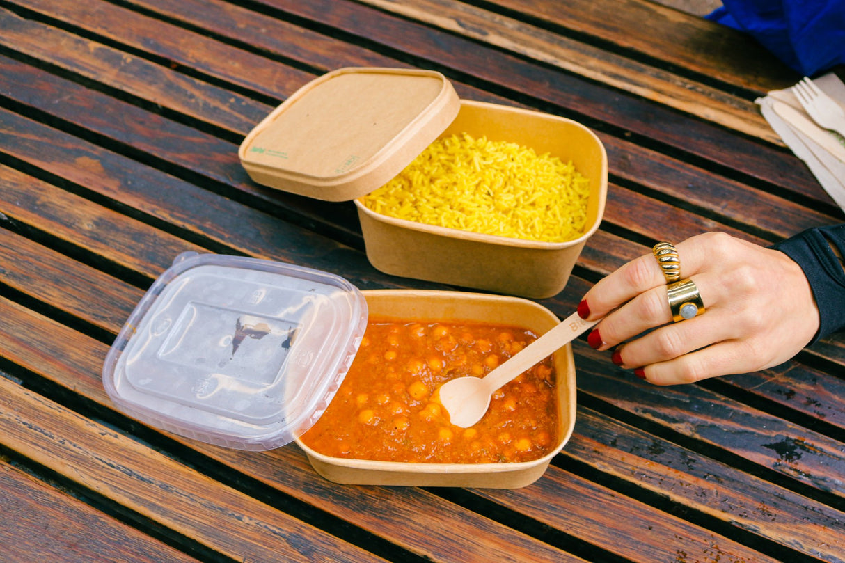 rectangle kraft containers  and lids serving chickpea curry and rice