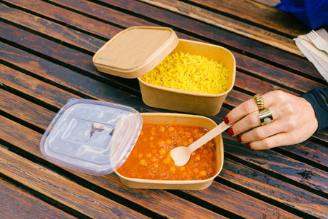 rectangle kraft containers  and lids serving chickpea curry and rice