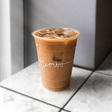 iced coffee served in a custom branded plastic cup