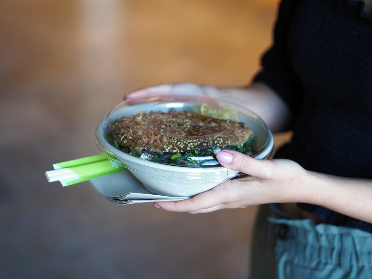 takeaway bowl and lid with disposable wooden chopsticks